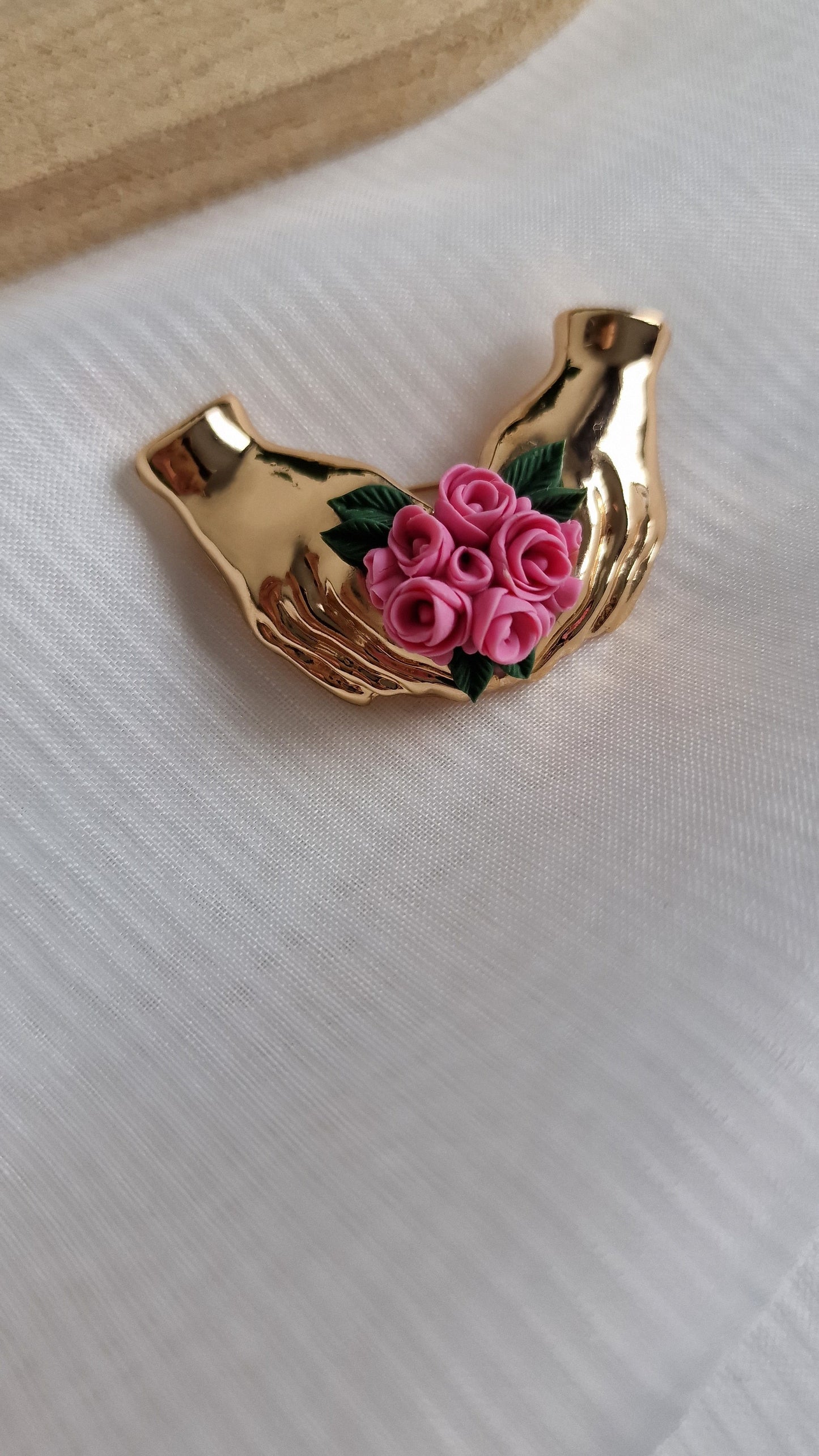 Hands of Love: Pink Rose Heart Brooch