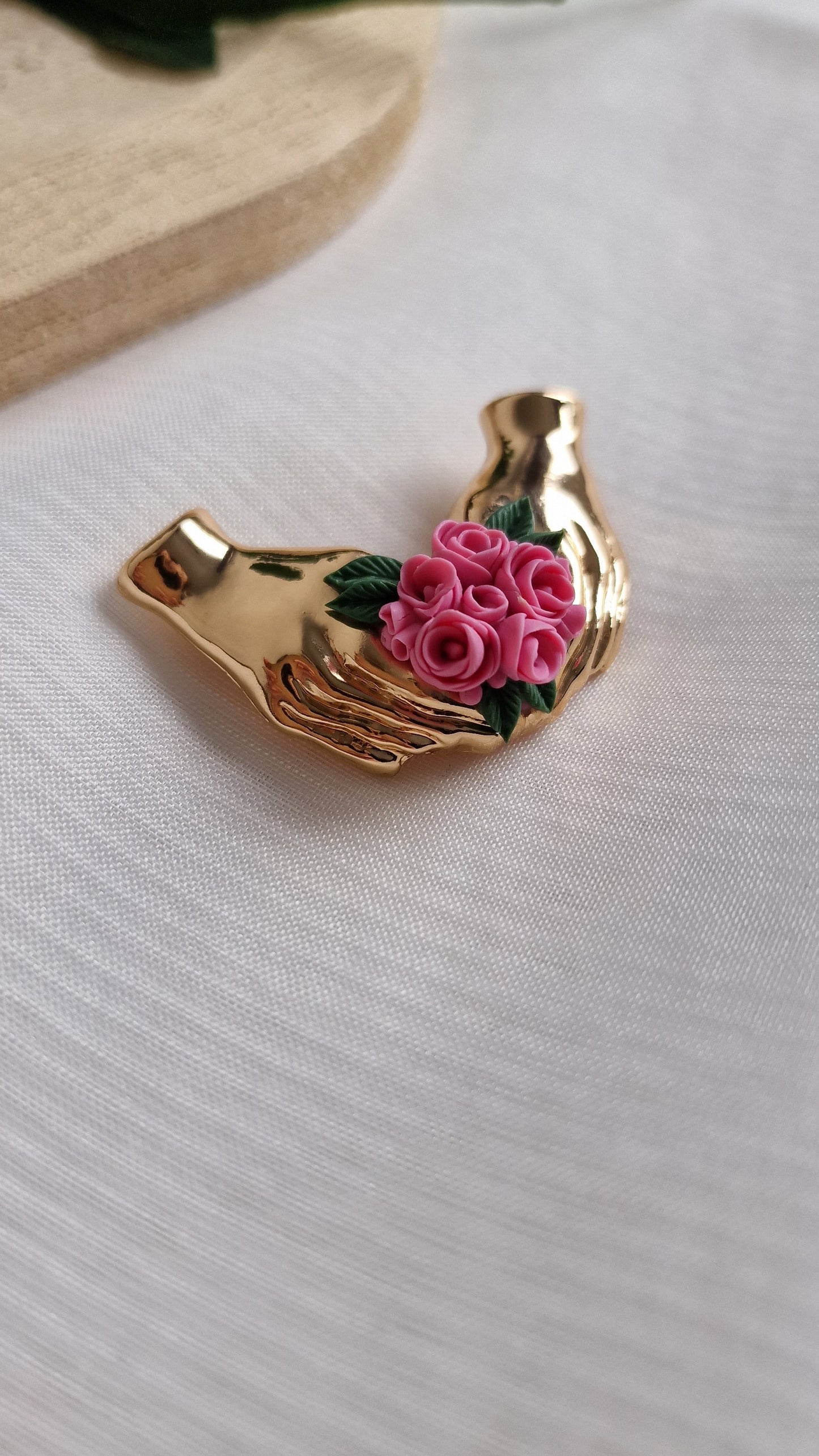 Hands of Love: Pink Rose Heart Brooch