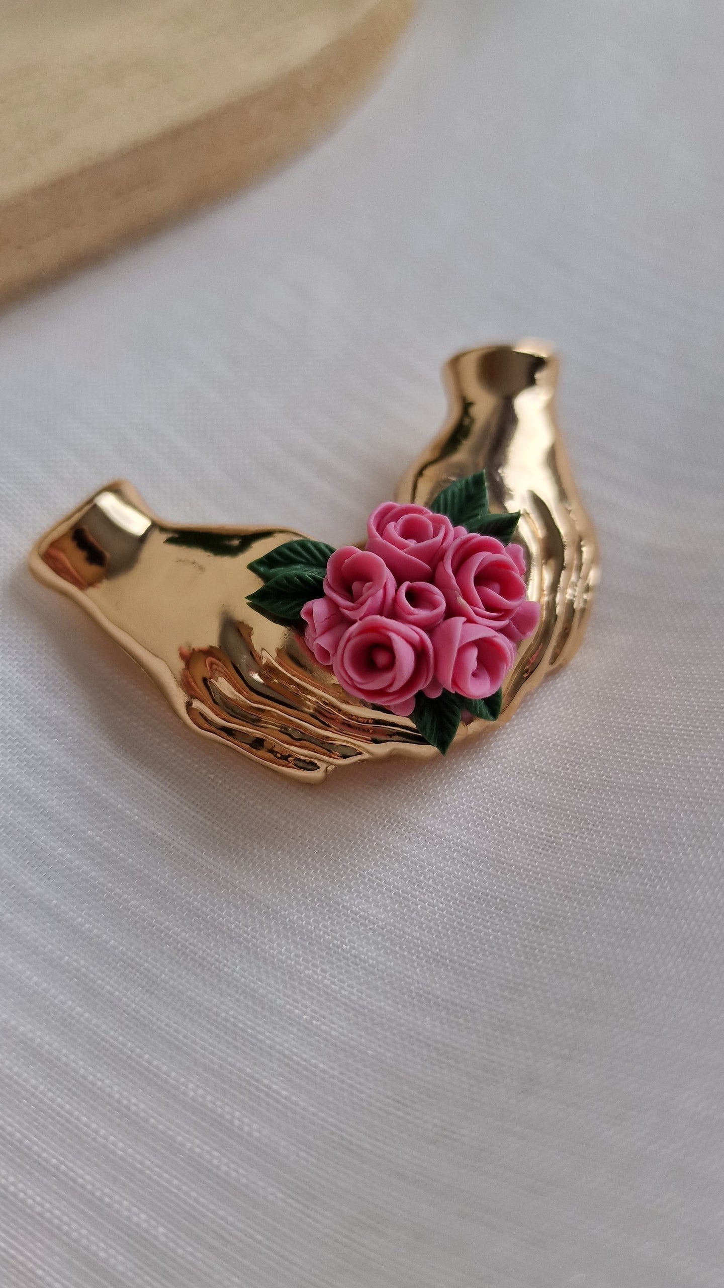 Hands of Love: Pink Rose Heart Brooch