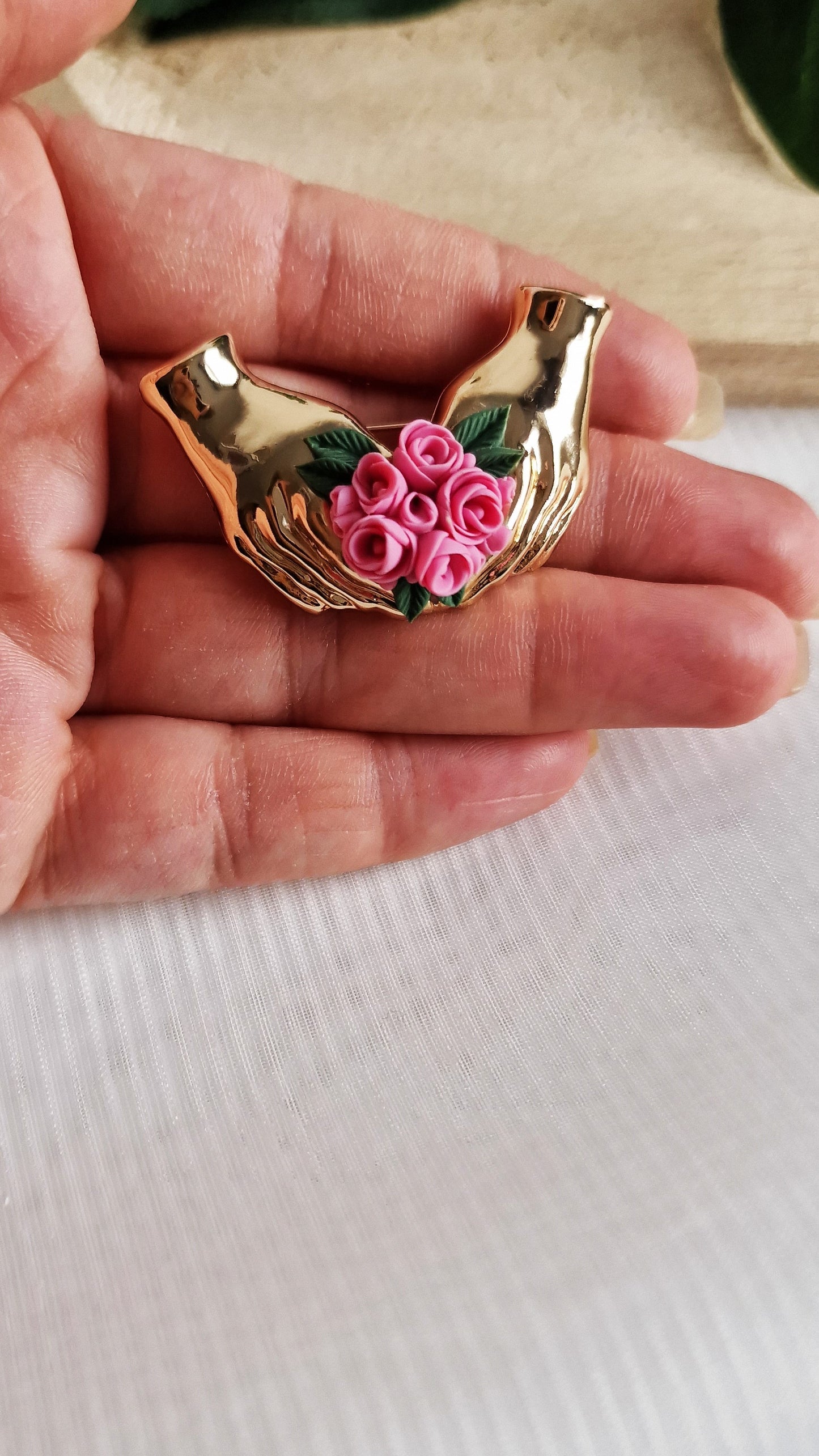 Hands of Love: Pink Rose Heart Brooch